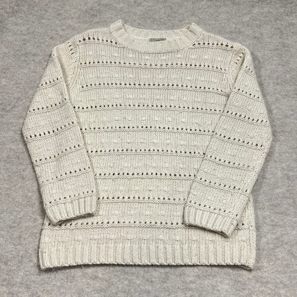 Urban Day Cream Pointelle Textured Knit Crewneck Sweater Sz S/M GUC Cottage Boho